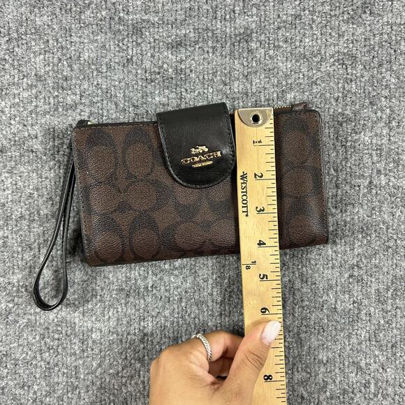 Coach Tech Phone Wallet Signature Canvas Brown Leather Wristlet Card Case - Picture 10 of 11
